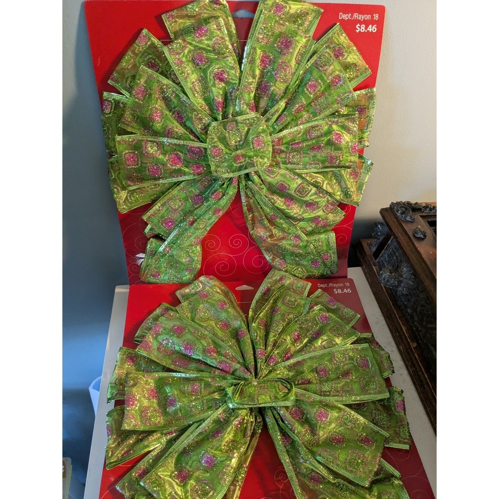 Lot of 2 Large Lime Green Glitter‎ Christmas Bows Holiday Decor